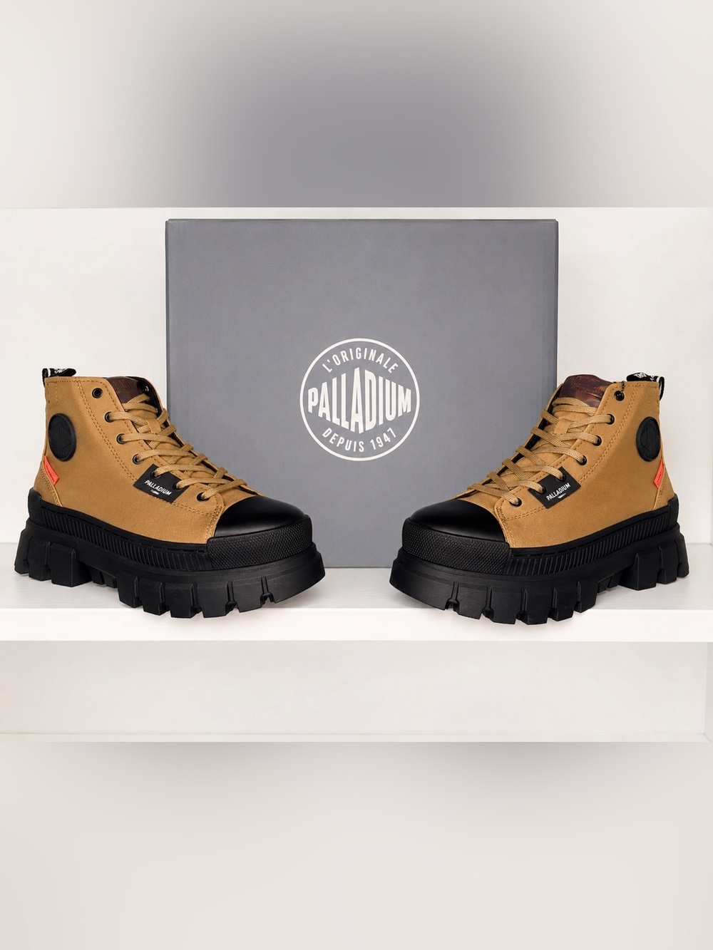 Palladium Tan and Black Lug-Sole Women's Combat Boots